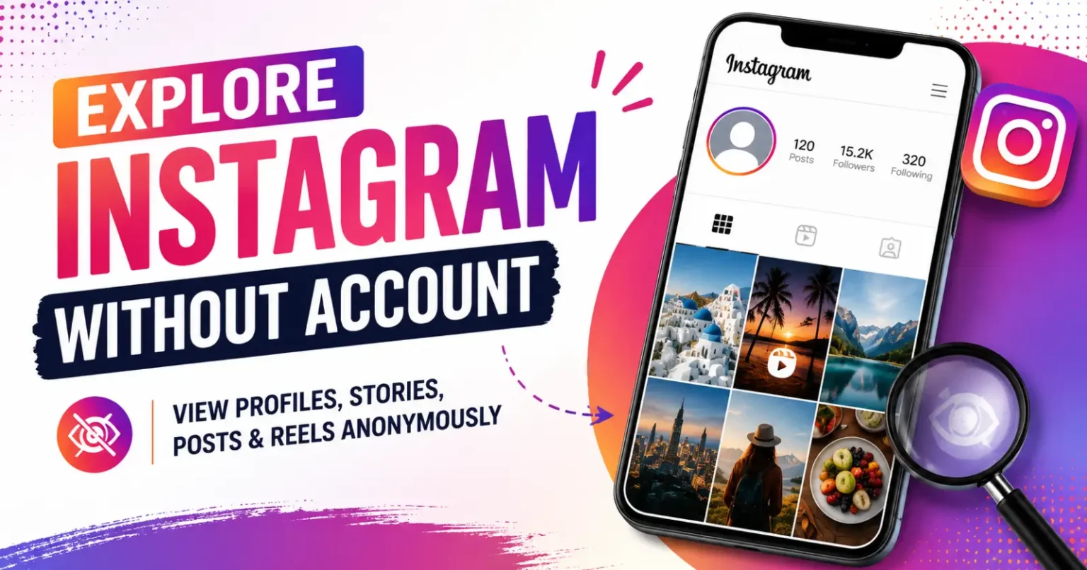Tips to Explore Instagram Without Account Illustration showing how to explore Instagram without an account by viewing public profiles, stories, posts, and reels anonymously without logging in.