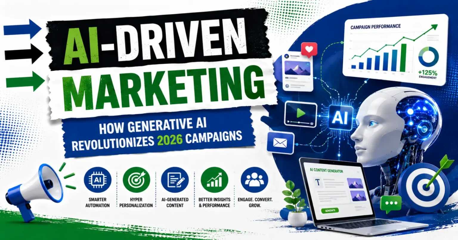 AI-Driven Marketing – How Generative AI Revolutionizes 2026 Campaigns Featured banner illustrating AI-driven marketing with generative AI, campaign automation, content creation, personalization, analytics, and digital marketing growth.