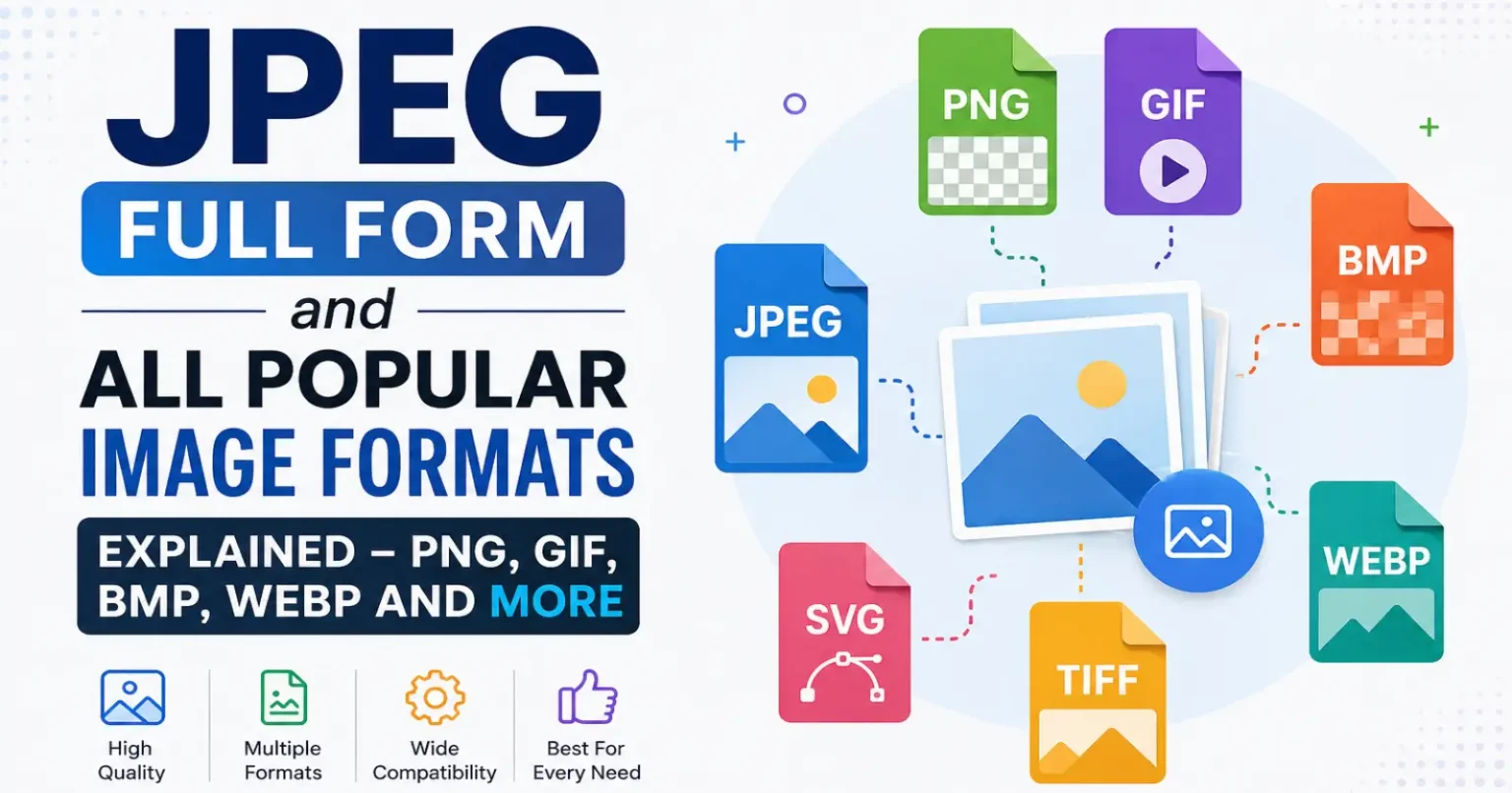 JPEG Full Form and All Popular Image Formats Explained – PNG, GIF, BMP, WEBP & More JPEG full form and popular image formats including PNG, GIF, BMP, WEBP, SVG and TIFF