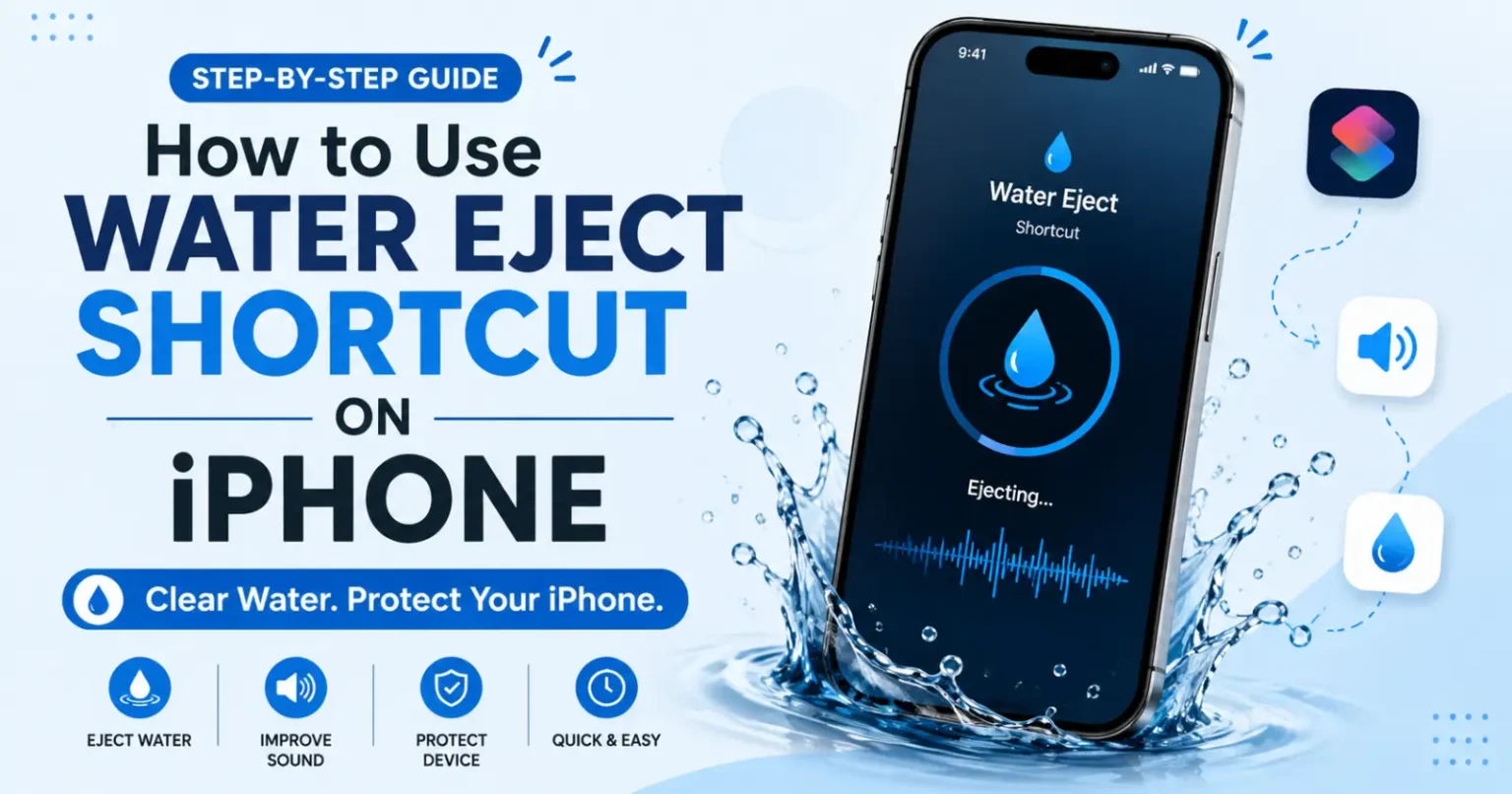 iPhone water eject shortcut tutorial banner showing water removal shortcut setup and usage on iPhone