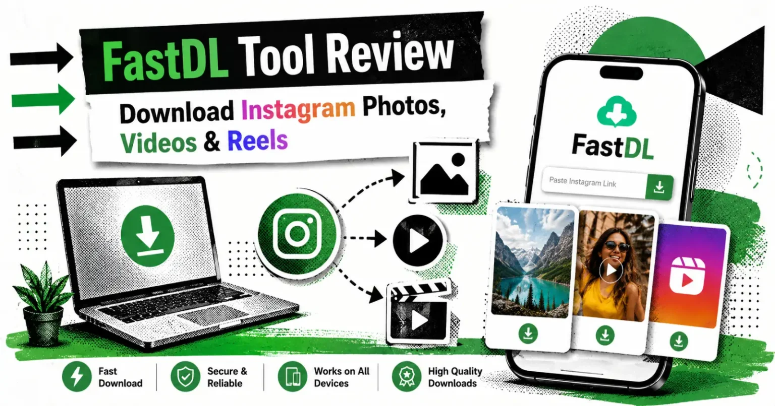 FastDL Tool Review – Download Instagram Photos, Videos and Reels FastDL Tool Review banner showing how to download Instagram photos, videos, and reels using the FastDL online downloader.