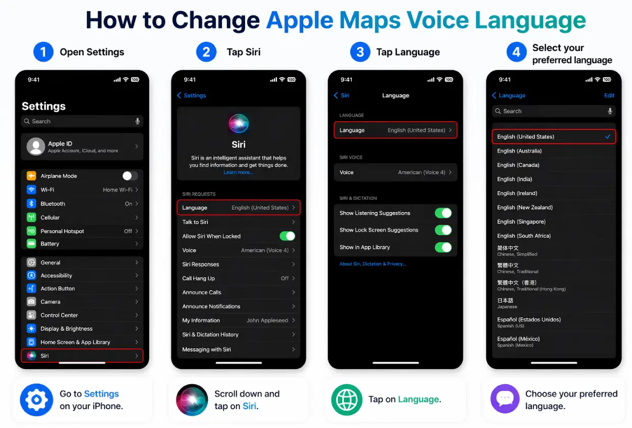 Step by step guide showing how to change Apple Maps voice language on iPhone using Siri language settings