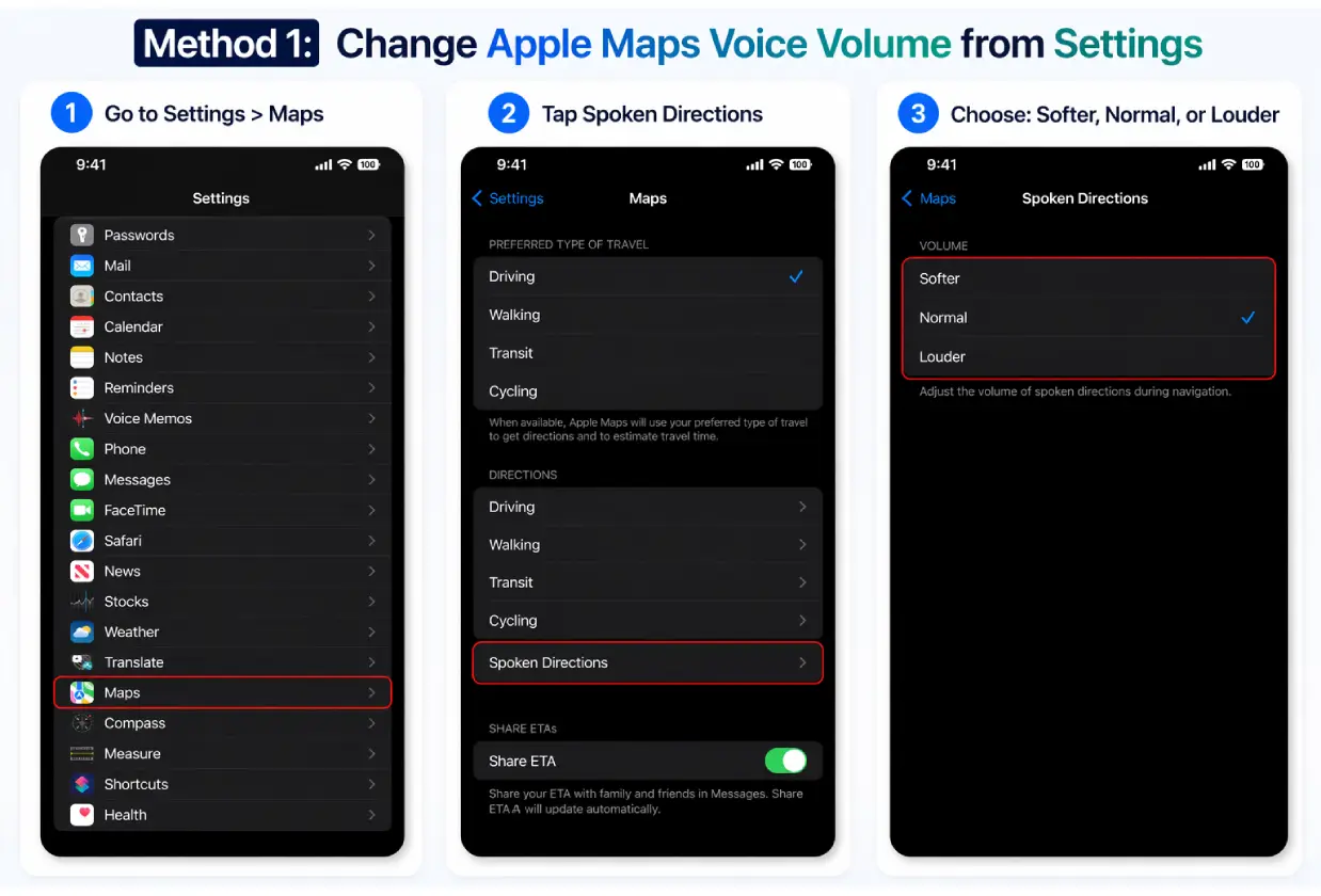 Step by step screenshots showing how to change Apple Maps voice volume settings on iPhone from Settings