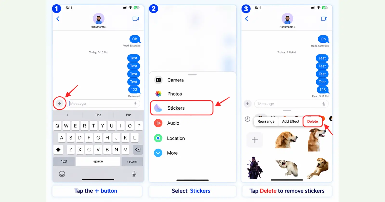 Step by step guide showing how to delete stickers on iPhone using Messages app