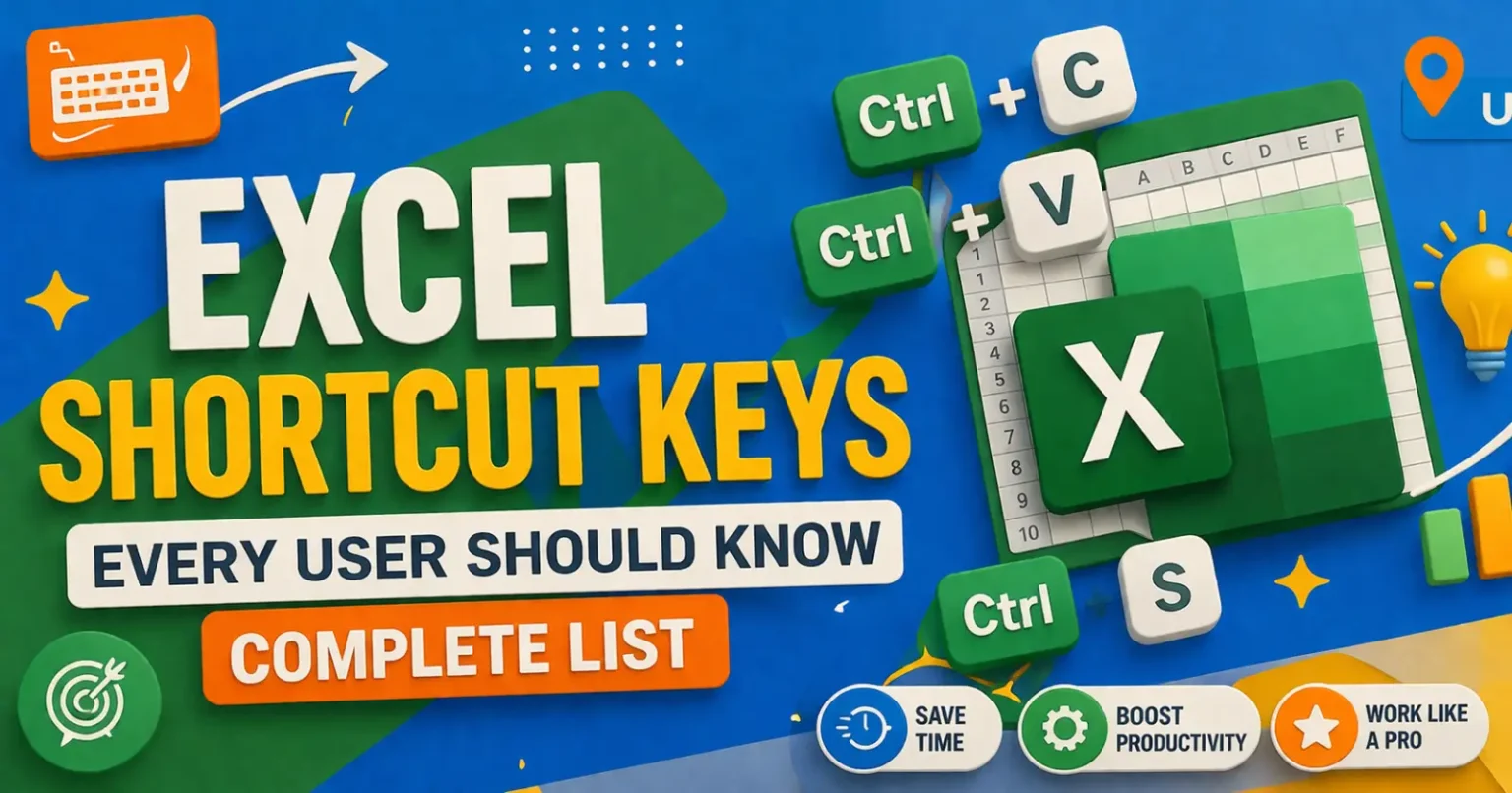 Excel shortcut keys complete list banner with keyboard shortcuts and productivity icons
