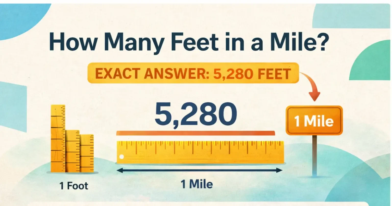 How many feet in a mile exact answer 5280 feet with simple conversion infographic