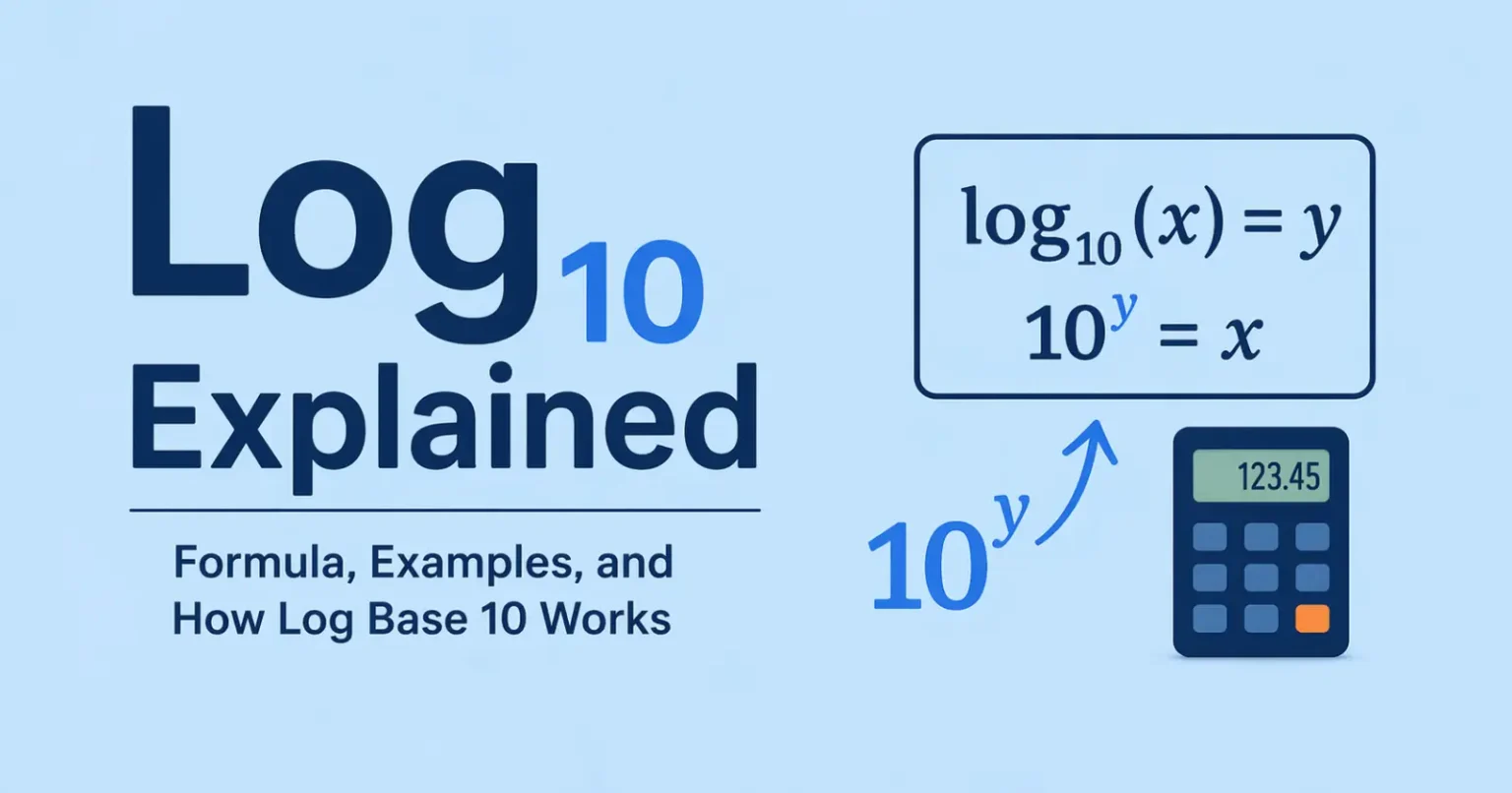 Log10 explained banner showing log base 10 formula and examples with calculator illustration