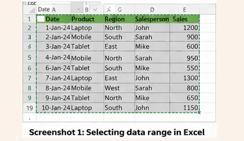 selecting data range in excel for pivot table