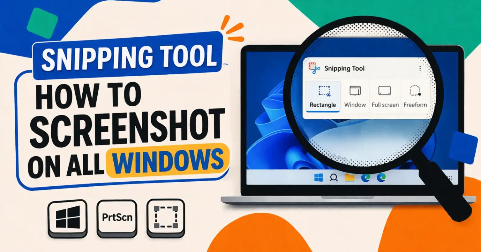 How to Screenshot on Windows Using Snipping Tool (Easy & Pro Methods) Snipping Tool guide showing how to screenshot on all Windows versions with easy methods and shortcuts