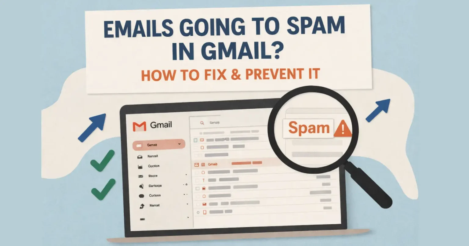 stop emails going to spam in Gmail fix guide illustration with inbox and spam warning