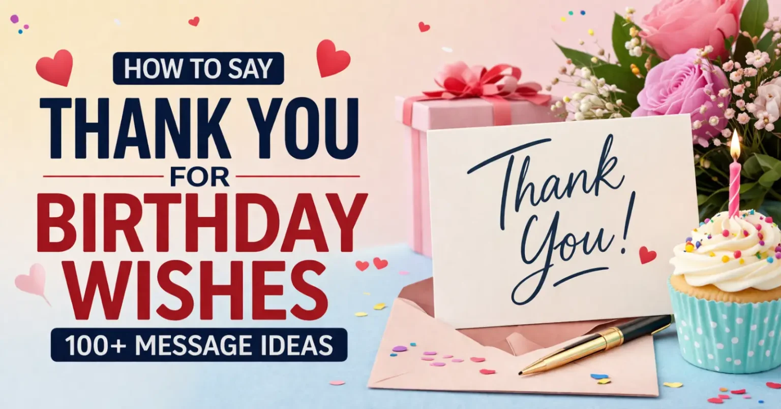 Thank you for birthday wishes messages with greeting card, gift box and celebration theme