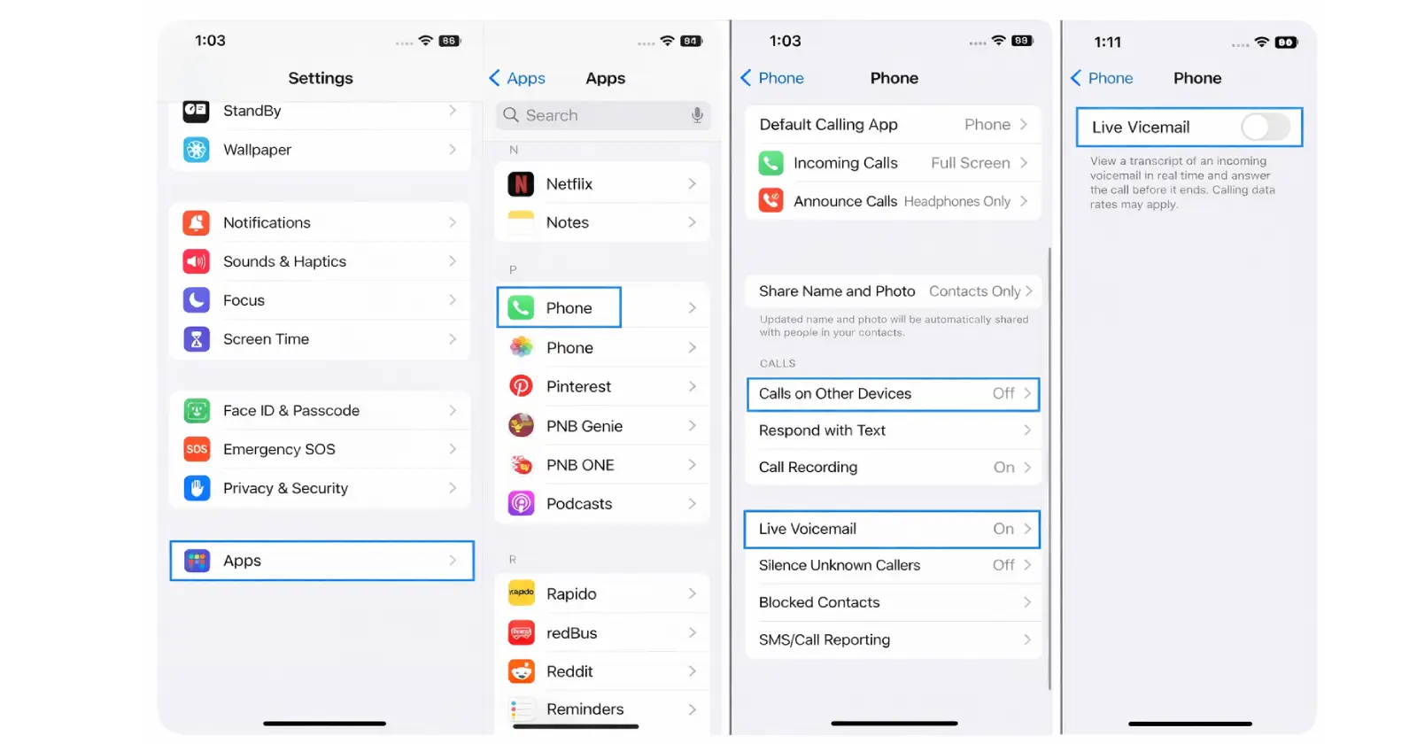 Step by step screenshots showing how to turn off live voicemail on iPhone settings