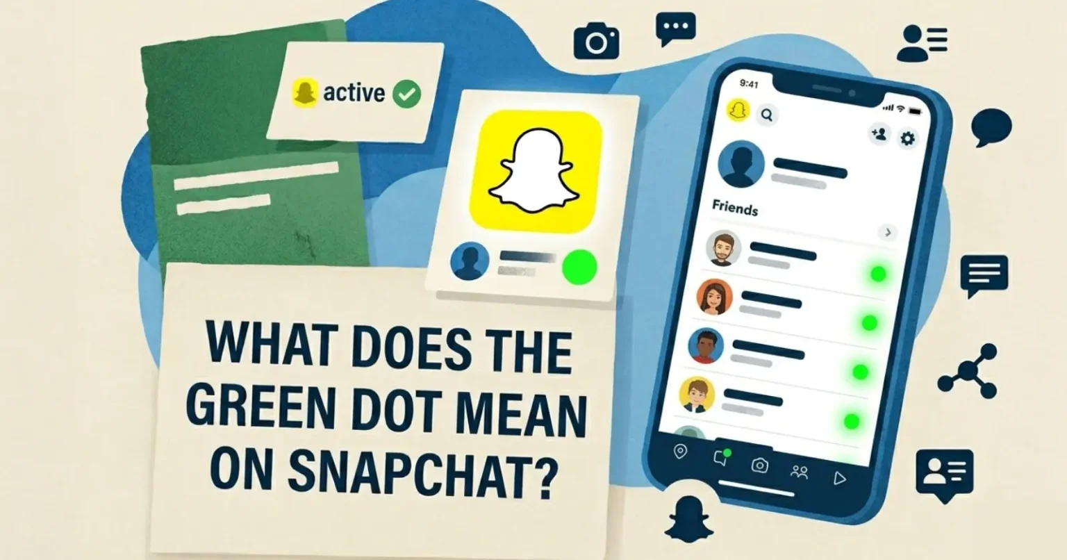 Infographic explaining the meaning of the green dot on Snapchat with a phone screen and friends list