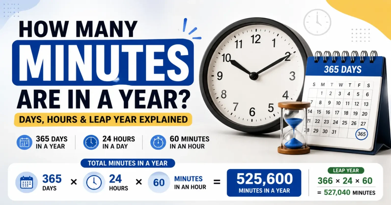 How Many Minutes Are in a Year? Days, Hours & Leap Year Explained Infographic showing how many minutes are in a year with days, hours, and leap year calculation