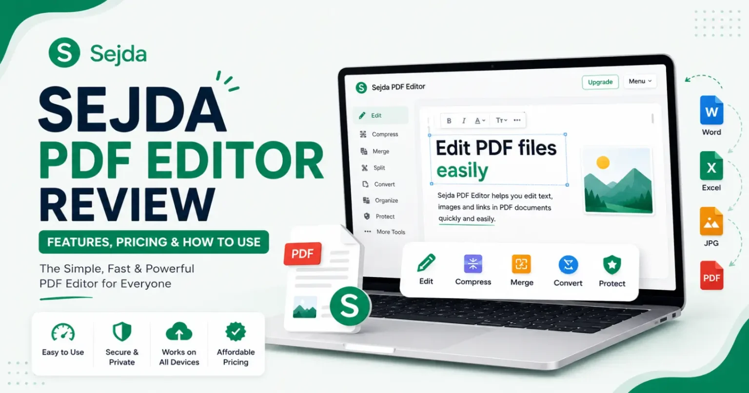 Sejda PDF Editor review banner showing PDF editing features and pricing