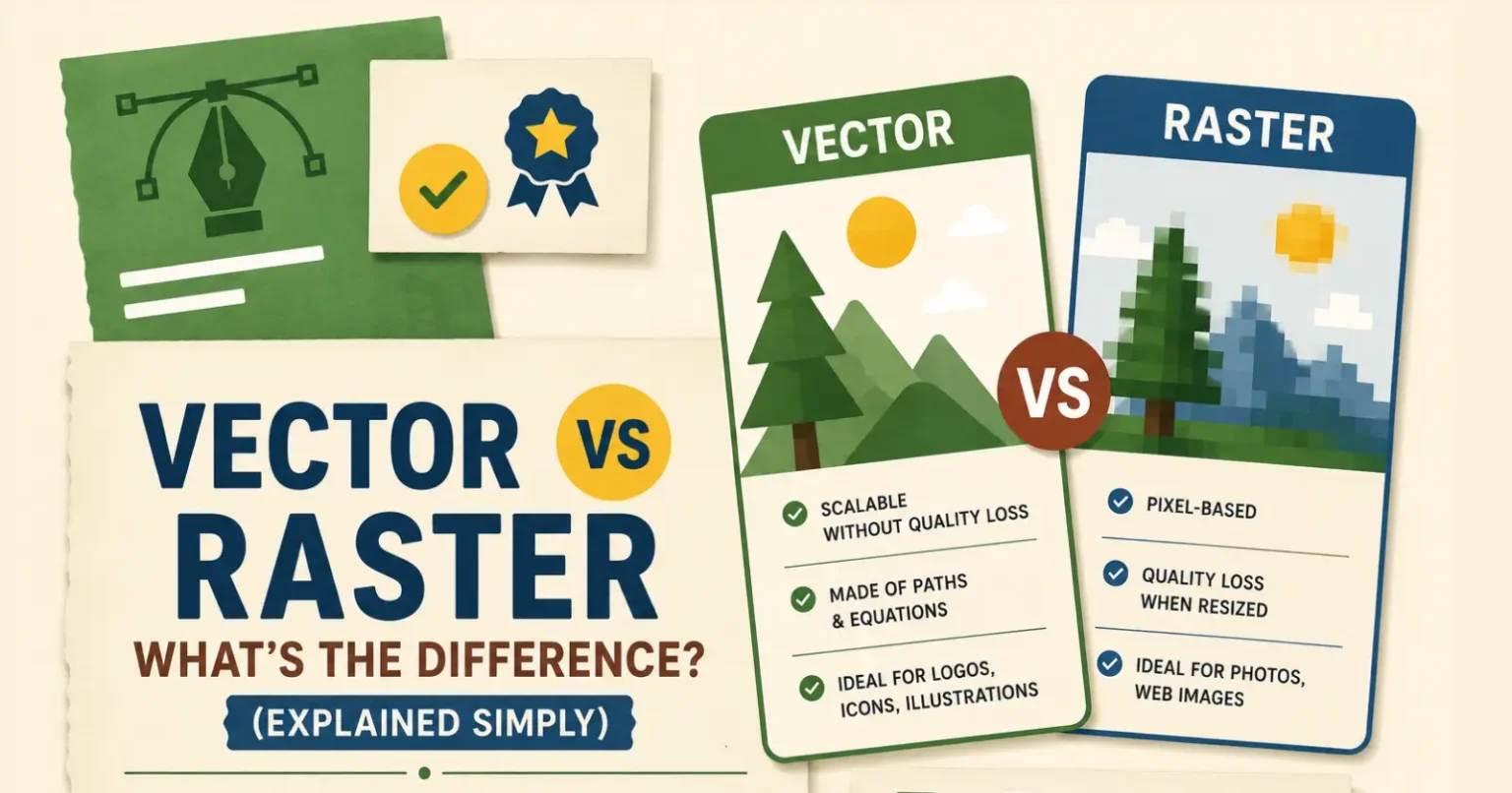 Vector vs raster image comparison illustration showing the key differences between scalable vector graphics and pixel-based raster images