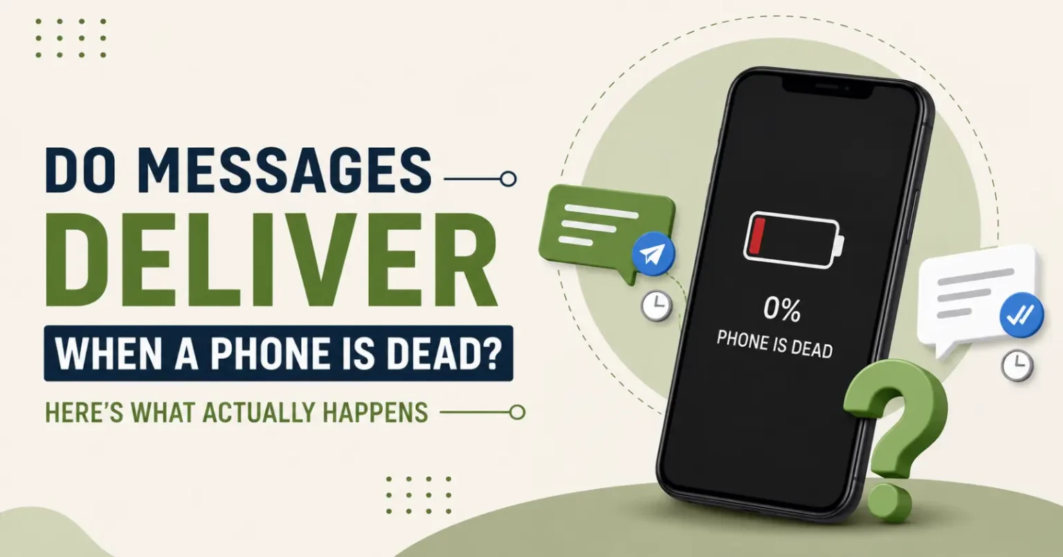 Do Messages Deliver When A Phone Is Dead? Here’s What Actually Happens Smartphone showing 0% battery with text “phone is dead” and messaging icons, explaining whether messages are delivered when a phone is switched off or dead