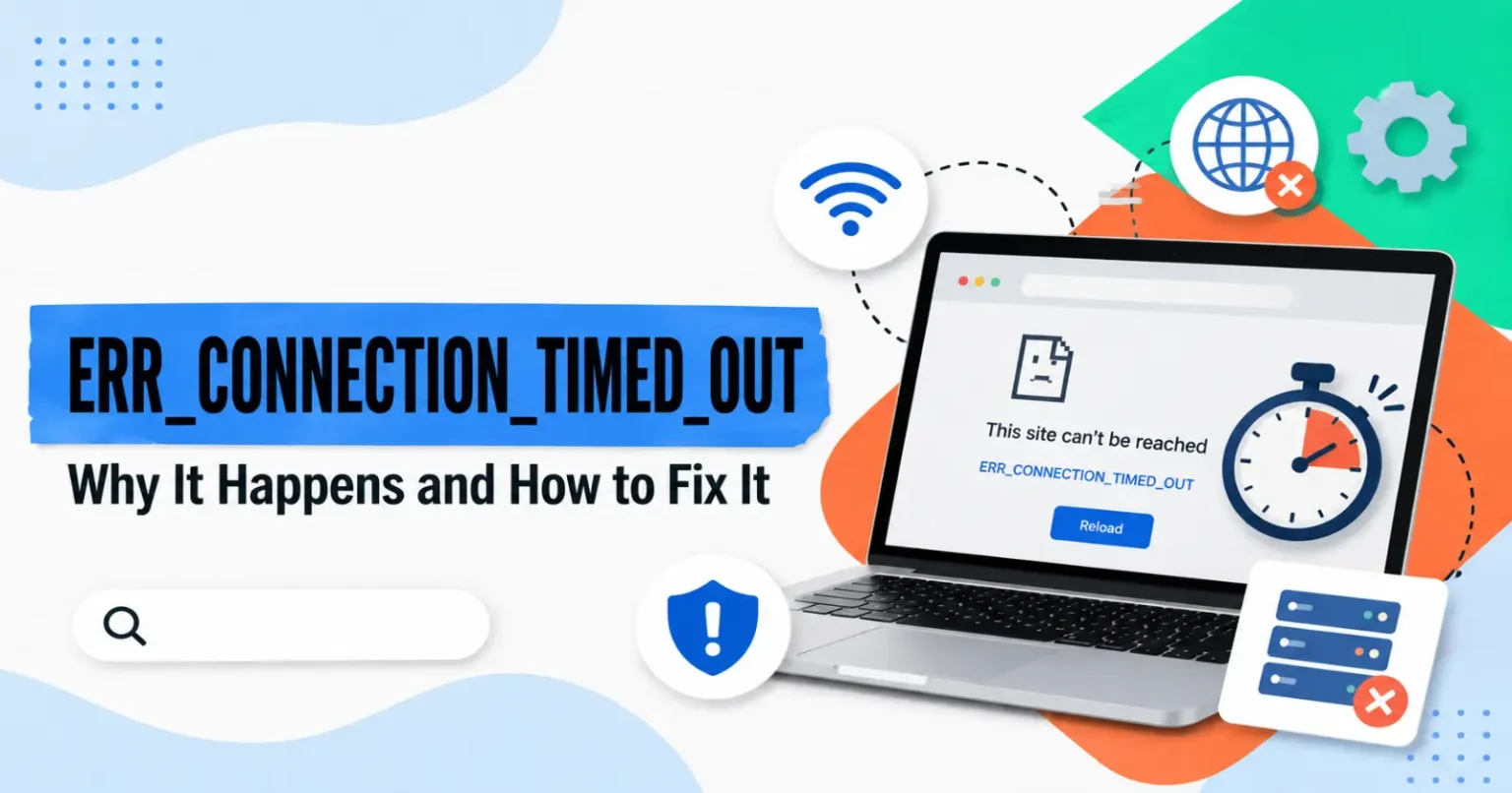 Why ERR_CONNECTION_TIMED_OUT Happens and How to Fix It ERR_CONNECTION_TIMED_OUT error showing on a browser with network, DNS, and connection timeout troubleshooting elements.