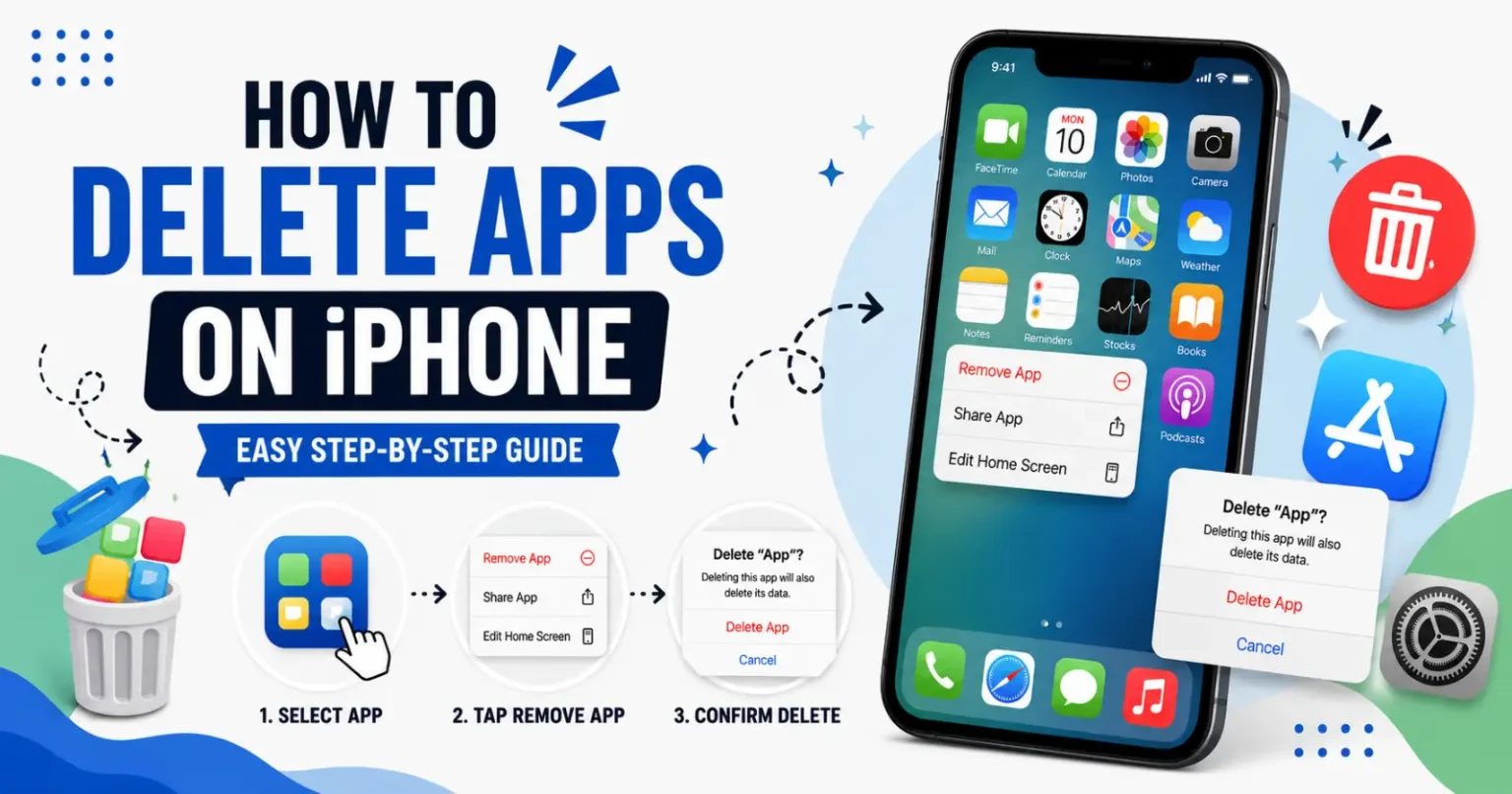 How To Delete Apps On iPhone (Easy Step-By-Step Guide) How to delete apps on iPhone using the Home Screen, App Library, and Settings with a step-by-step visual guide.