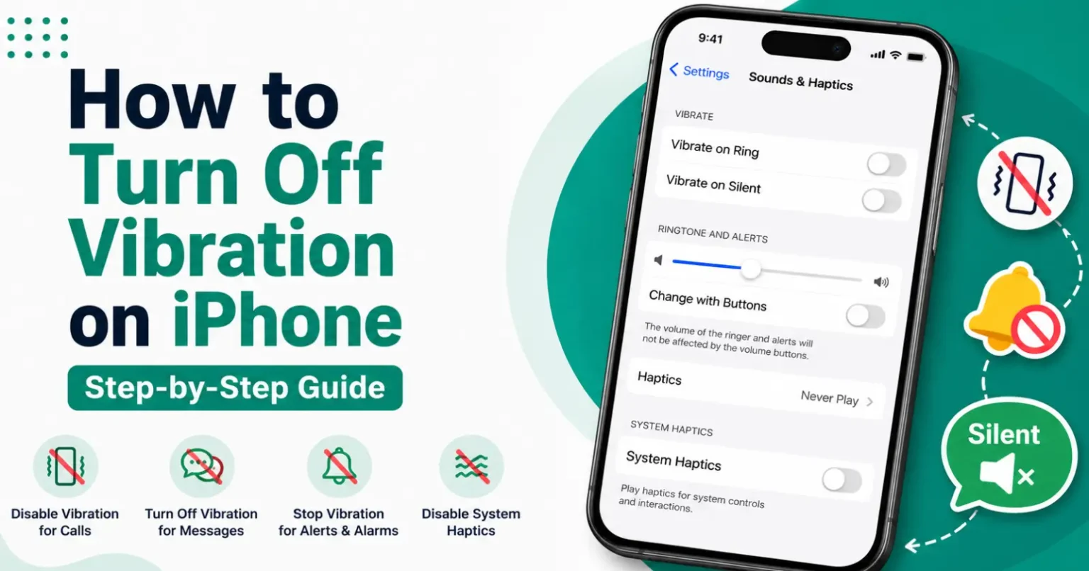 How to Turn Off Vibration on iPhone (Step-by-Step Guide) How to turn off vibration on iPhone using Sounds & Haptics settings for calls, messages, alerts, and system haptics.