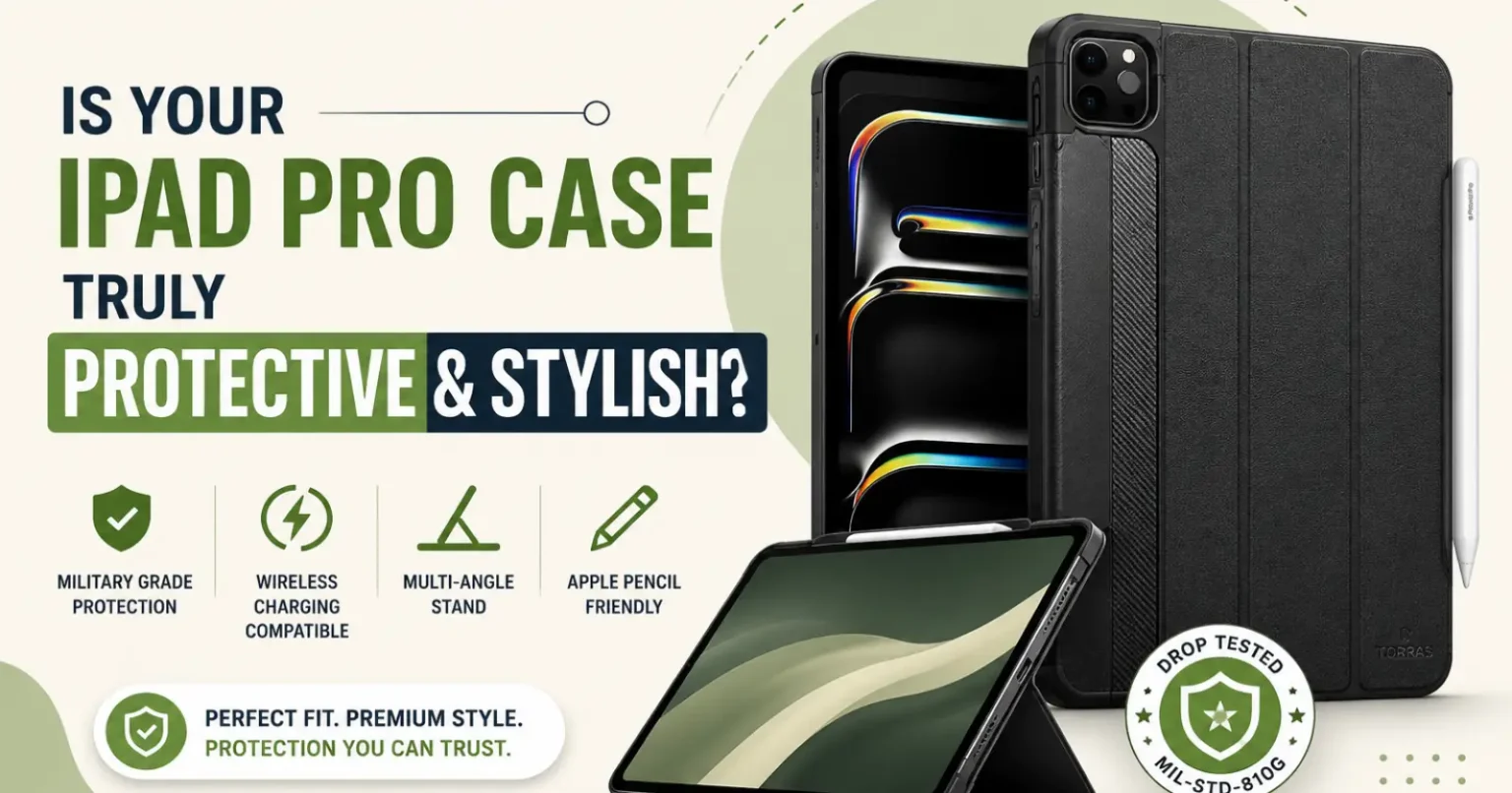 Protective and stylish iPad Pro case with Apple Pencil support, military-grade protection, wireless charging compatibility, and multi-angle stand.