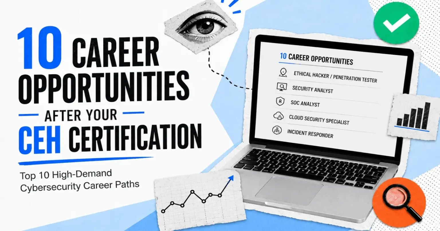 10 Career Opportunities After Getting Your CEH Certification (Certified Ethical Hacking) Featured image showing the top 10 career opportunities after CEH Certification, including Ethical Hacker, Security Analyst, SOC Analyst, Cloud Security Specialist, and other cybersecurity career paths.