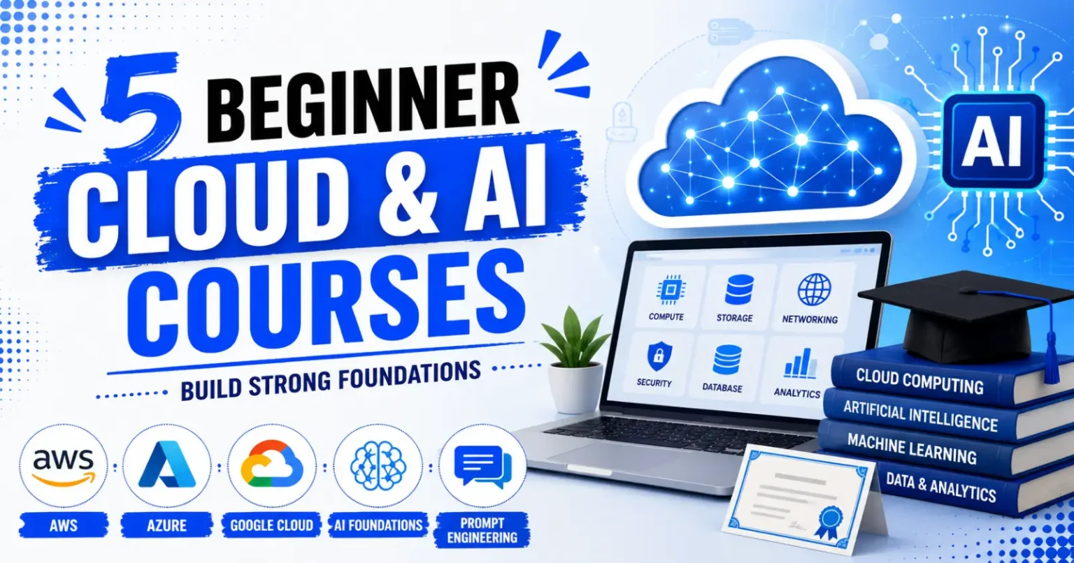 Featured image showing the 5 best beginner cloud and AI courses covering AWS, Microsoft Azure, Google Cloud, and AI fundamentals.