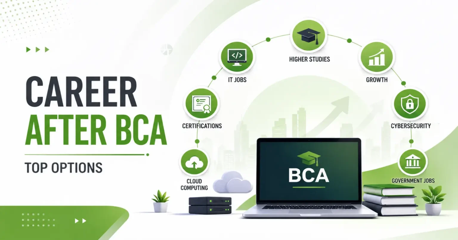 Best Career Options After BCA in India 2026 Featured banner showing the best career options after BCA including MCA, IT jobs, certifications, cloud computing, cybersecurity, and government careers.