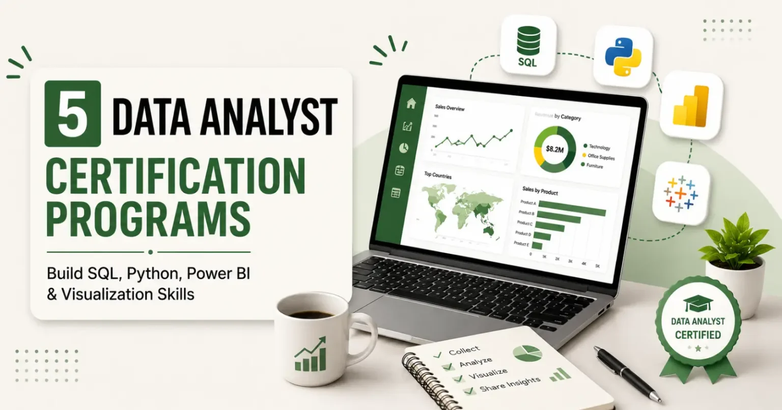 5 Data Analyst Certification Programs for Building SQL, Python, Power BI, and Visualization Skills Featured image showing the best data analyst certification programs covering SQL, Python, Power BI, and data visualization skills.