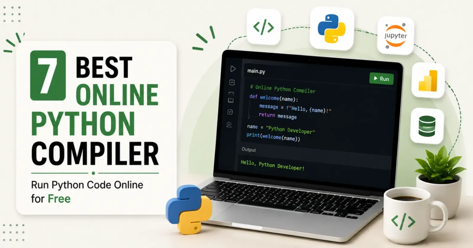 Best Online Python Compiler in 2026 – Run Python Code Online for Free Best online Python compiler featured image showing a browser-based Python code editor, laptop, and coding tools to run Python code online for free.