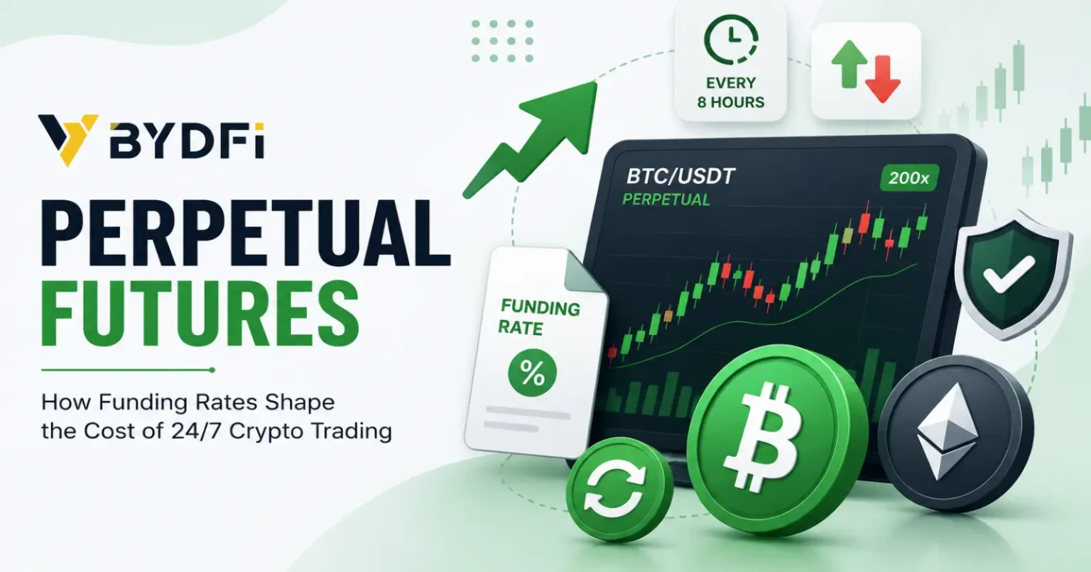 BYDFi Perpetual Futures – How Funding Rates Shape the Cost of 24/7 Crypto Trading BYDFi Perpetual Futures trading dashboard showing funding rates, leverage, and crypto futures trading concepts.