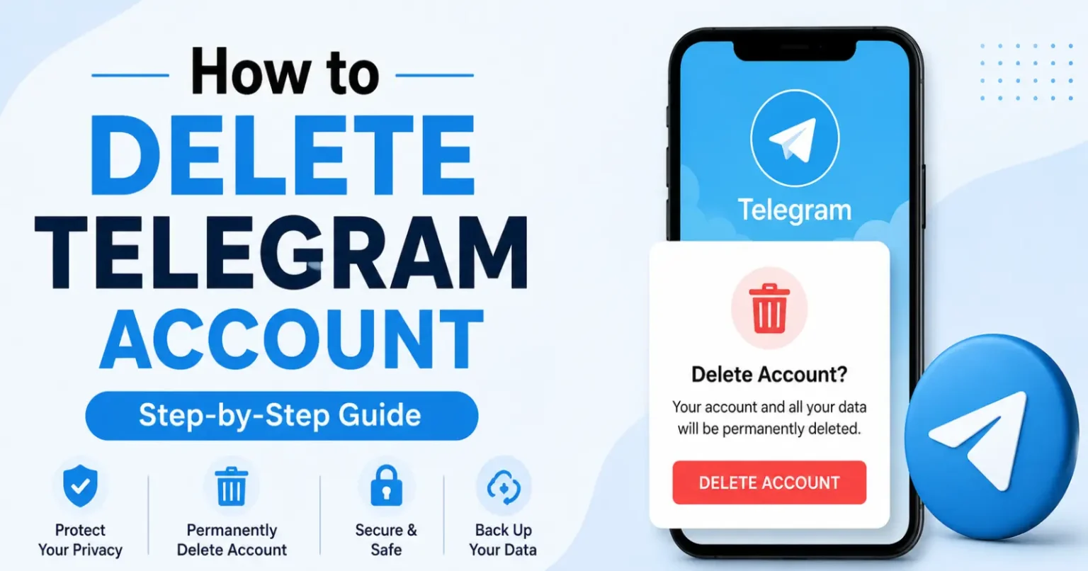 A Simple Guide to Deleting Your Telegram Account Step-by-step illustration showing how to delete a Telegram account permanently using the official Telegram account deactivation page.