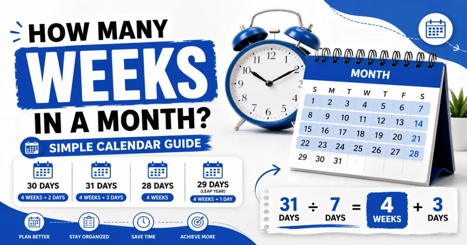 How many weeks in a month illustrated with a monthly calendar showing 28, 29, 30, and 31 days plus a simple weeks calculation.