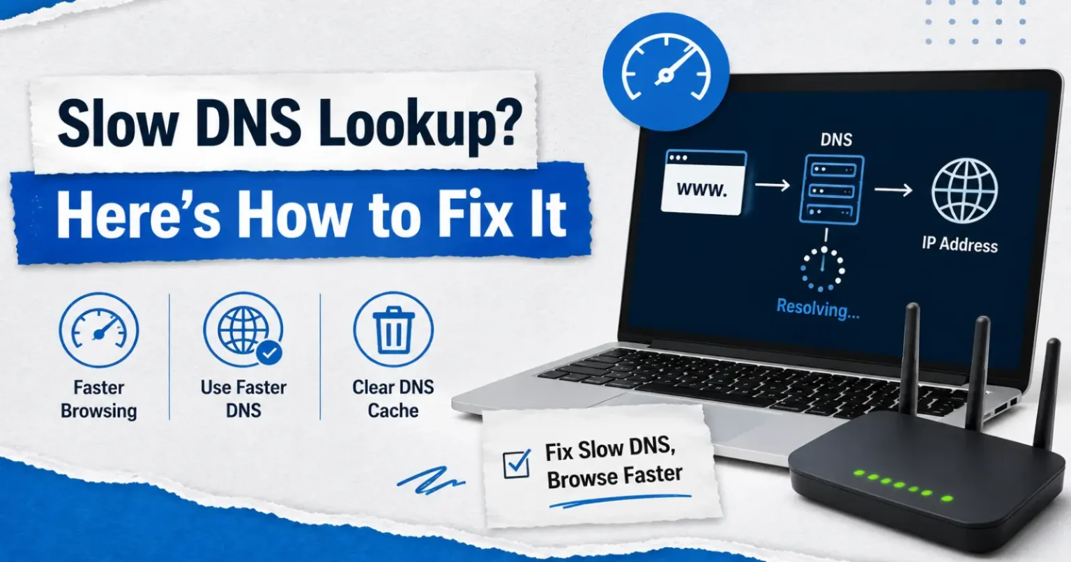 Illustration showing how to fix slow DNS lookup by clearing DNS cache, using faster DNS servers, and improving DNS performance.