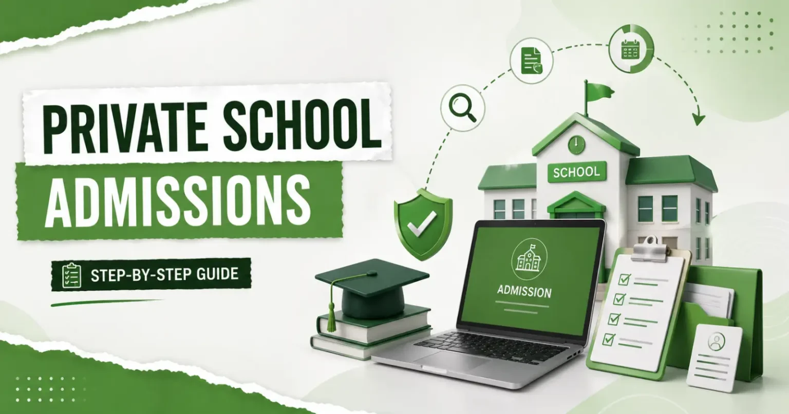 Private school admissions guide showing application process, school building, digital tools, and admission checklist.