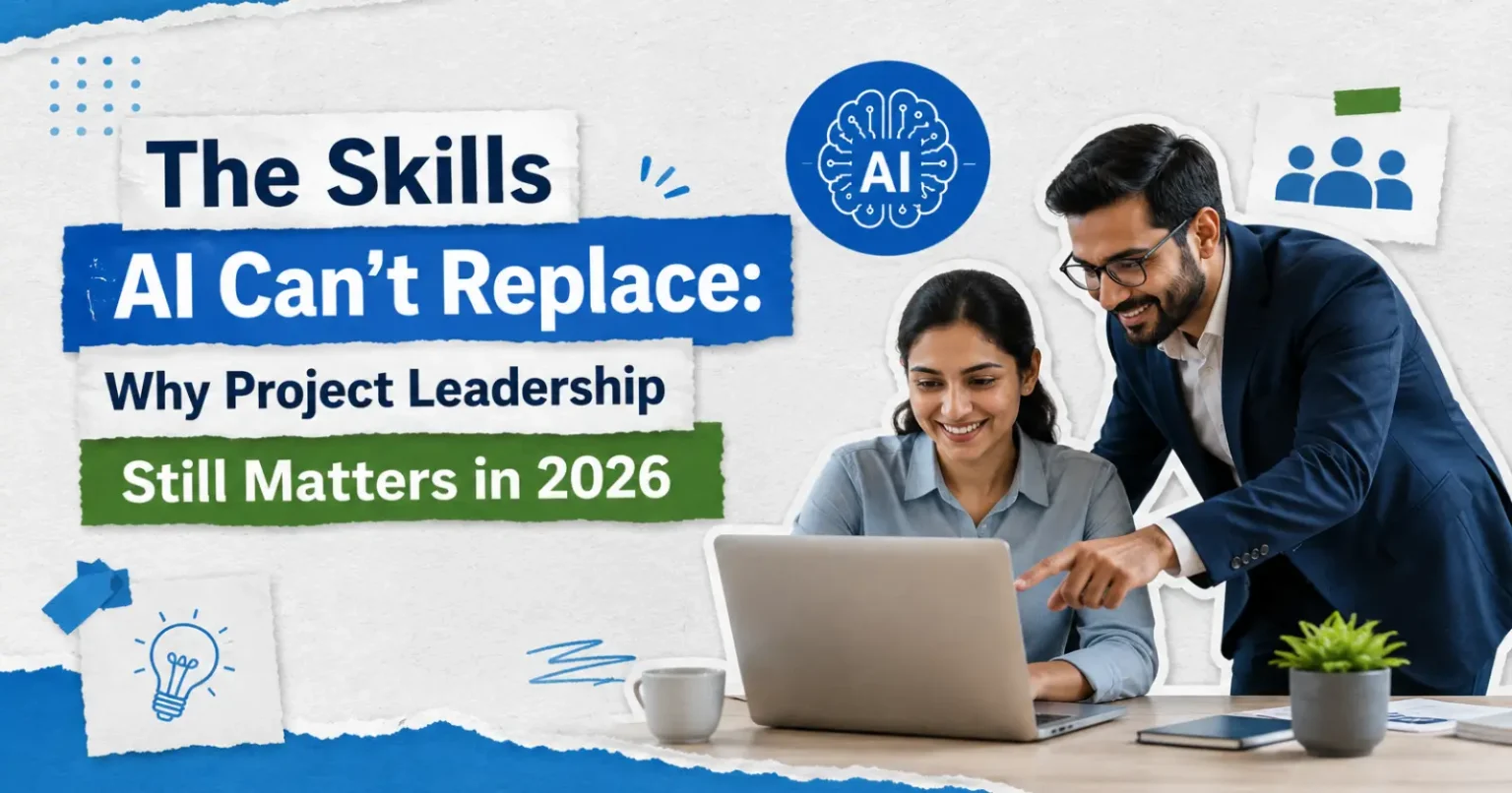 Illustration of project leadership in the AI era showing professionals collaborating while AI supports project management tasks.