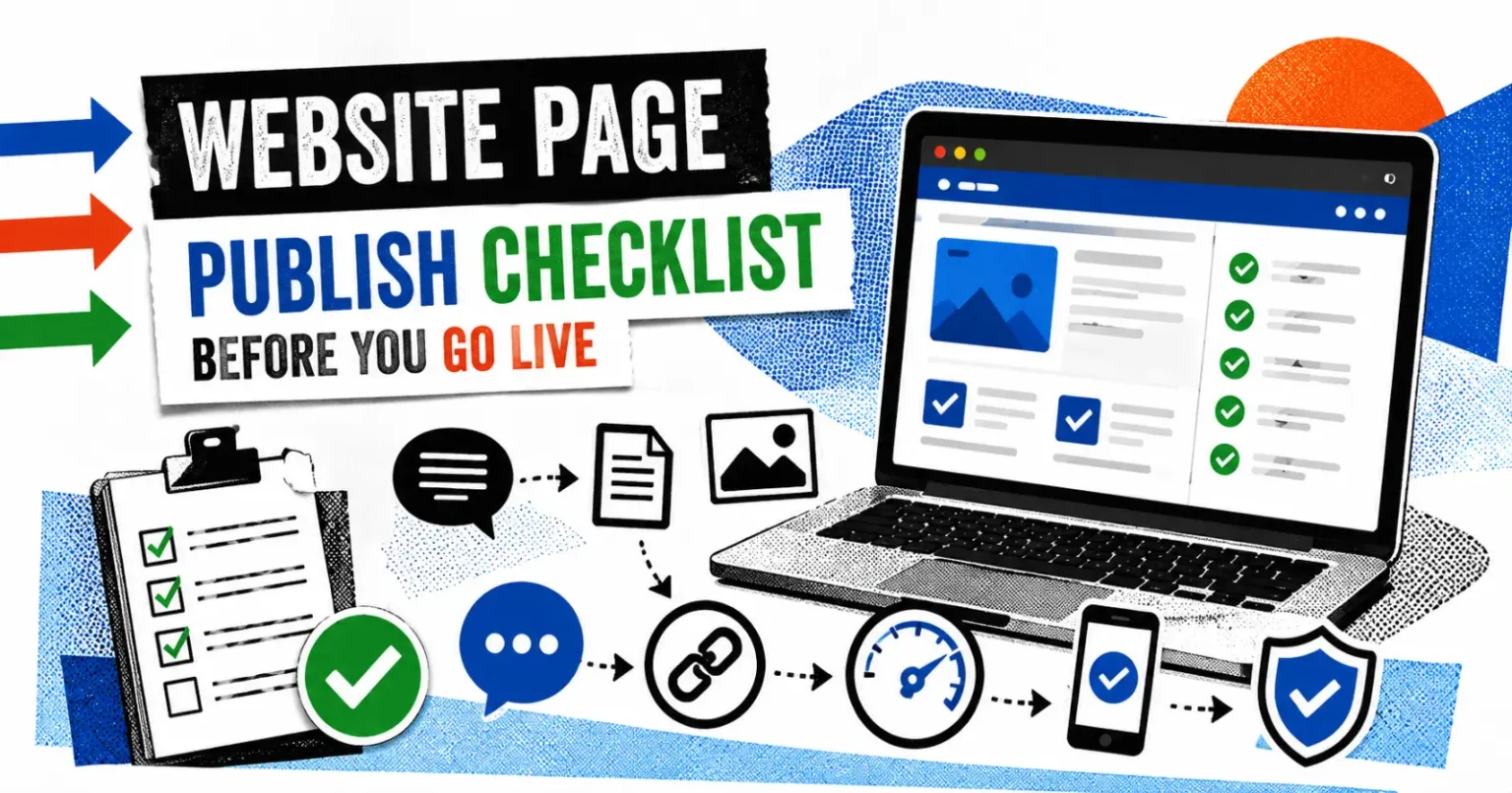 A Practical Checklist Before Publishing Your Next Website Page Website page publishing checklist with SEO, page speed, mobile optimization, accessibility, and quality check illustration.