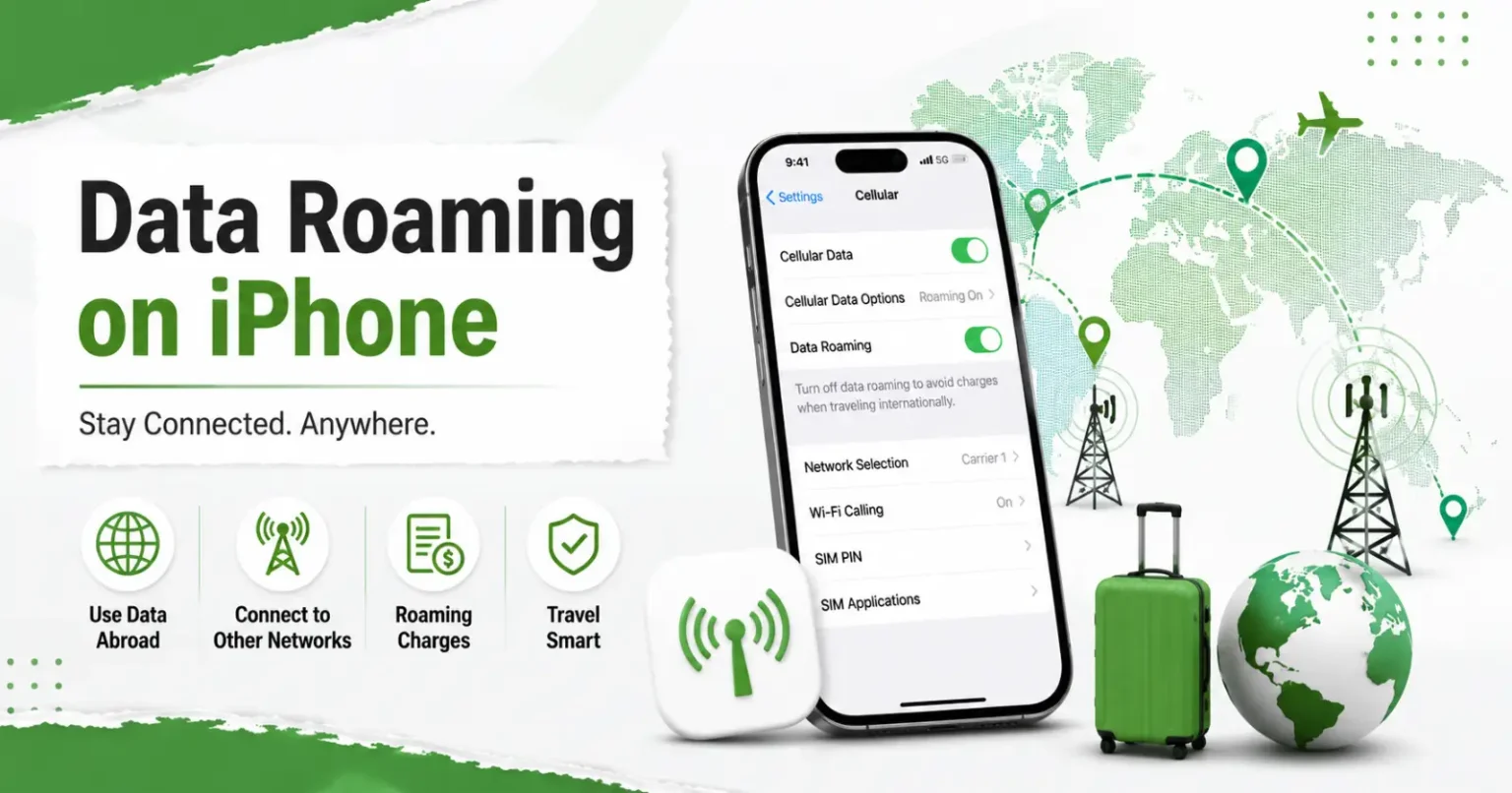 What is Data Roaming on an iPhone? Everything You Need to Know Illustration showing data roaming on iPhone with mobile network, world map, and travel connectivity.