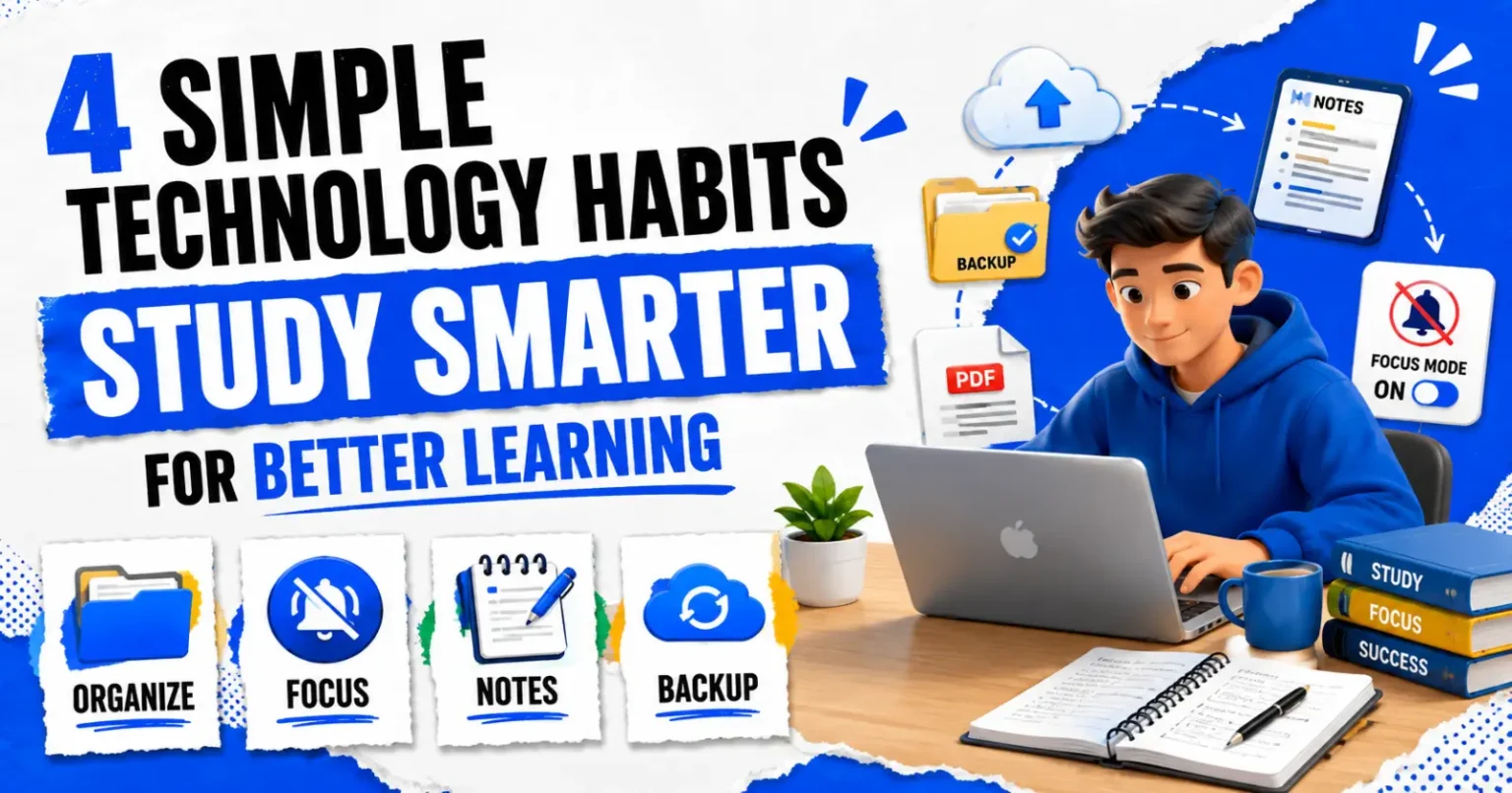 Student using a laptop while following four simple technology habits for better learning, including organization, focus, note-taking, and cloud backup.